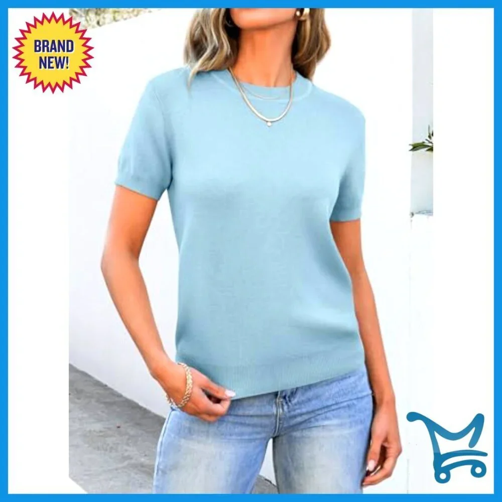 Wool Blend Crew Neck Short Sleeve Sweater Business Casual Work Top Summer